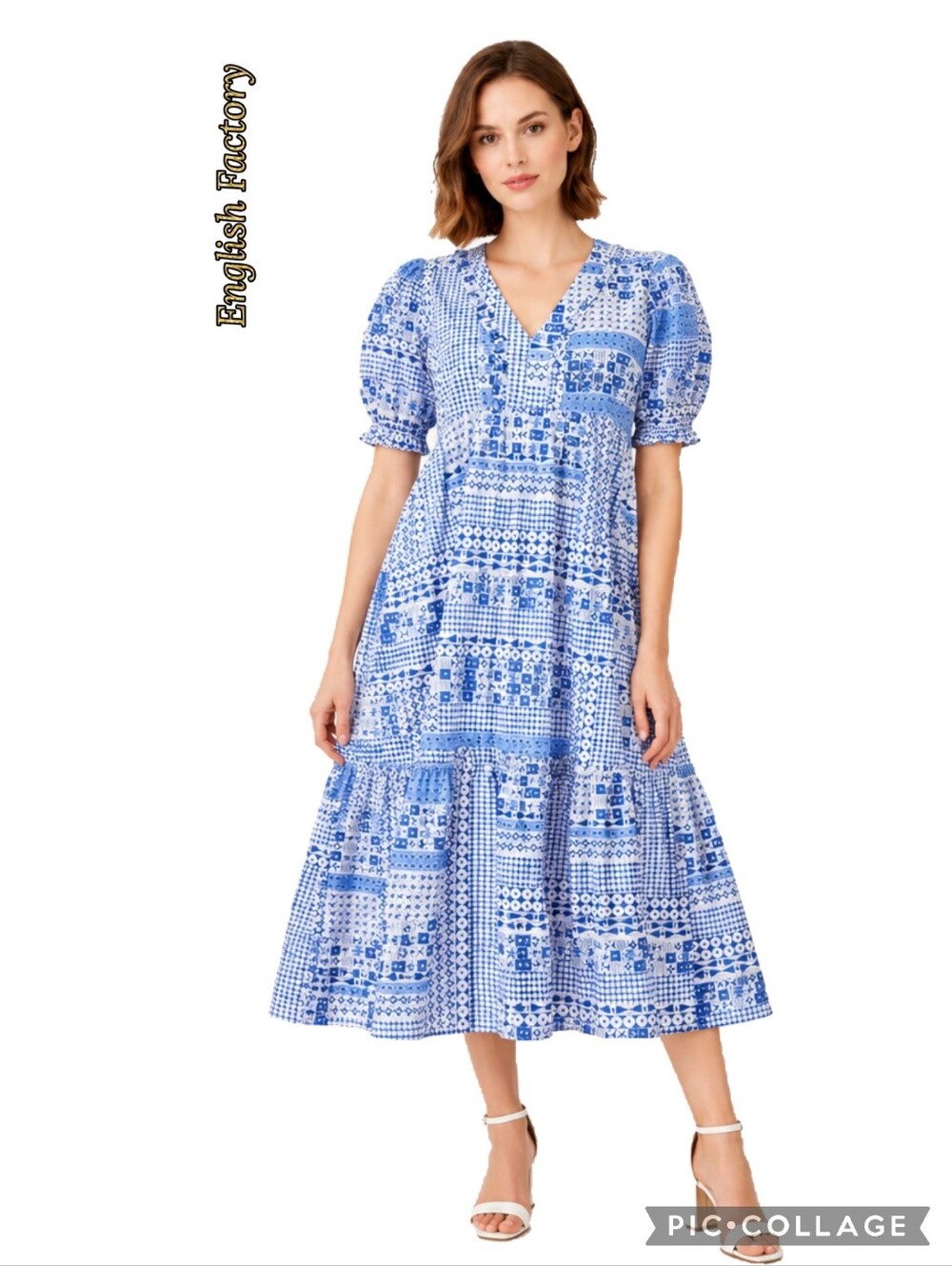 English Factory patchwork v-neck puff sleeve pockets tiered midi blue dress